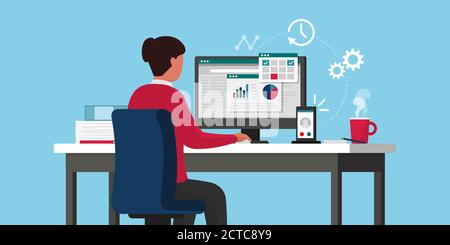 Effiziente Geschäftsfrau arbeitet online, sitzt sie am Schreibtisch und überprüfen Business-Charts auf dem Computer, Remote-Work-Konzept Stock Vektor