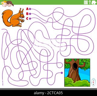 Cartoon Illustration von Linien Labyrinth Puzzle-Spiel mit Eichhörnchen Tier Charakter und hohl Stock Vektor