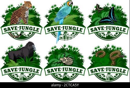 Speichern Dschungel Embleme mit Tieren Set Stock Vektor