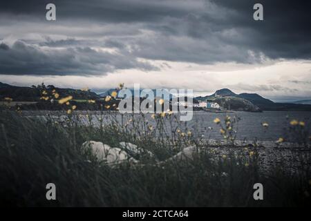 Die Küste von Criccieth, Nord Wales, an einem bewölkten Tag mit Blick zurück in Richtung Criccieth Castle. Stockfoto