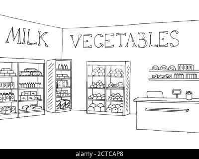 Lebensmittelgeschäft Shop Interieur schwarz weiß Grafik Skizze Illustration Vektor Stock Vektor