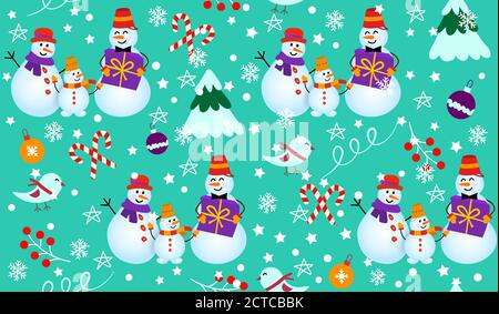 Wintermuster mit Schneemännern, Baum und Geschenken. Familie Schneemann auf grünem Hintergrund. Vektor Nahtloses Muster. Kann für Weihnachtskarten oder Geschenkpapier verwendet werden. Stock Vektor