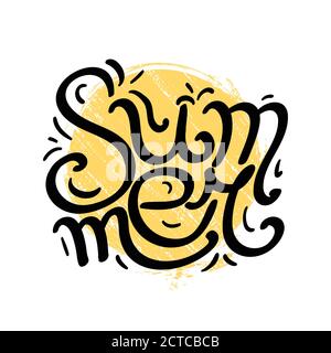 Schriftzug Sommer von Hand mit grunge Sonne geschrieben. Kalligrafische Inschrift. Vektor-Element für Banner, Bedrucken von T-Shirts, Postkarten und Ihrem Design Stock Vektor