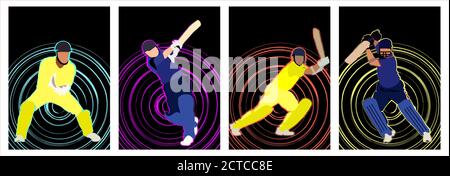 Vektor-Illustration von Cricket Championship Banner oder Plakate, Design mit Spielern, Batsman und Wicket Keeper. 4er-Set. Stock Vektor