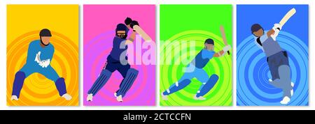 Vektor-Illustration von Cricket Championship Banner oder Plakate, Design mit Spielern, Batsman und Wicket Keeper. 4er-Set. Stock Vektor