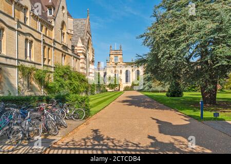 OXFORD CITY ENGLAND BALLIOL COLLEGE BLICK DURCH DIE TORE IN DIE GÄRTEN Stockfoto