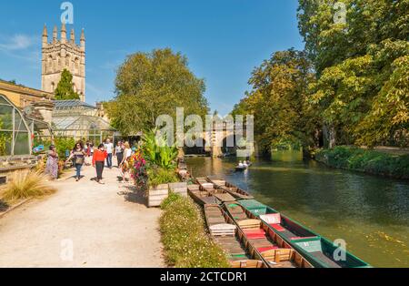 OXFORD CITY ENGLAND BOTANISCHER GARTEN MAGDALEN TURM MIT STEMPEL UND STECHPANZER AUF DEM FLUSS CHERWELL UNTER DER CHERWELL-BRÜCKE Stockfoto