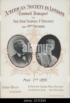 ABSCHIEDSBANKETT AN HON. THOMAS F. BAYARD UND FRAU. BAYARD von DER AMERIKANISCHEN GESELLSCHAFT IN LONDON im 'HOTEL CECIL, LONDON, ENGLAND' (FOR;), Standbild, Menus, 1897 Stockfoto