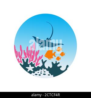 Meereslandschaft Meeresalgen und tropische Fische Unterwasserleben Symbol Zeichen Für Ozeanarium oder Aquarium Stock Vektor