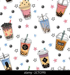 Bubble Tee nahtloses Muster. Beliebte asiatische Kaltgetränk, Perle Milch Tee, trendy Frühstück taiwanesischen boba Tee mit Tapioka Kugeln Design Vektor Textur. P Stock Vektor