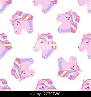 Nahtloses Textilmuster mit Einhorn, flache Cartoon-Vektor-Illustration auf Weiß. Stock Vektor