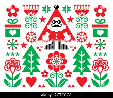 Weihnachten Santa Vektor Grußkarte Design, Scandianvian Volkskunst Stil festlichen Hintergrund in rot und grün Stock Vektor