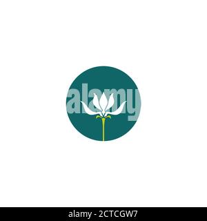 Weiße Schneeglöpfenblume im blauen Kreis. Floral, Öko, Märchen-Label. Natürliche, organische Symbol. Vector flaches Logo isoliert auf weiß. Stock Vektor