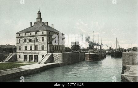 An der Soo - die Schleusen verlassen, Sault Ste. Marie, mich., Standbild, Postkarten, 1898 - 1931 Stockfoto