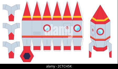 Rakete Papier geschnitten Spielzeug. Arbeitsblatt mit Rakete. Schneiden und kleben Sie das Papier Raumschiff, erstellen Sie Spielzeug selbst, Kinder handgemachte Gaming Puzzle Vektor-Set. Craft AC Stock Vektor