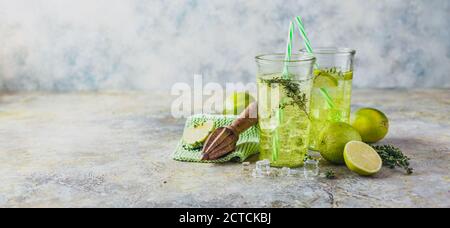 Zwei Gläser mit Limonade mit Thymian und Eis auf hellem Hintergrund. Erfrischende Sommer hausgemachte alkoholische oder alkoholfreie Cocktails oder Detox Infuse Stockfoto