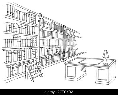 Bibliothek Raum Innenraum schwarz weiß Grafik Skizze Illustration Vektor Stock Vektor