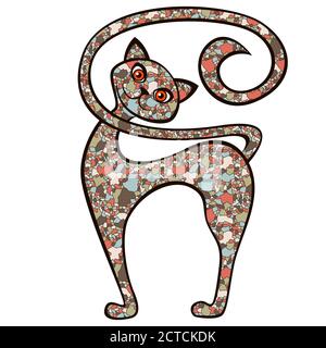Interessante und amüsante Katze mit Kopf zur Seite geneigt mit Körper aus bunten gedämpften Mosaikformen auf weißem Hintergrund isoliert, Vektor-illus zusammengesetzt Stock Vektor