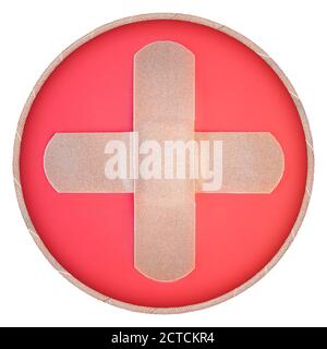 Echte Stoffbandage / Bandagen in Form eines medizinischen Pluszeichens. Rundes Symbol. Symbol für: Krankenhaus, Notfall, erste Hilfe, Medizin oder Gesundheit. Stockfoto