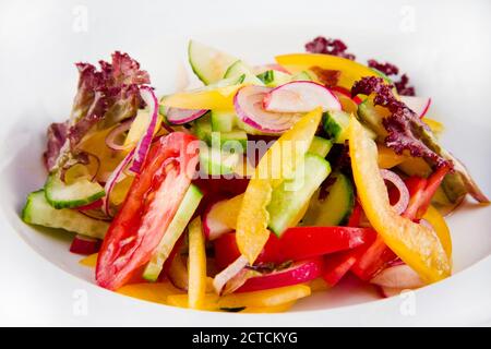 Gemüsesalat mit Gurken, Tomaten, Rettich, Rettich, Paprika, Zwiebeln und Salat. Nahaufnahme auf einem weißen Teller. Stockfoto