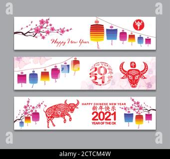 Horizontaler Bannersatz mit handgezeichneter. Jahr des Ochsen 2021 (Chinesische Übersetzung Happy Chinese New Year, Jahr des Ochsen) Stock Vektor