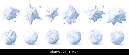 Schneeball 3d. Schneespritzer, Spritzer und runde weiße Schneebälle Kollektion für Kinder Winterschlachten realistische Vektor-Set. Weihnachten, Neujahr Urlaub für c Stock Vektor