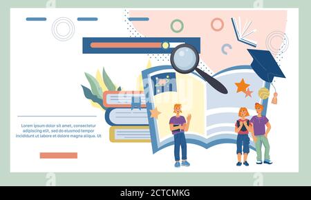 Kinder Bibliothek oder Buch Festival Web-Seite Banner mit Lesung Kinder Vektor Illustration. Stock Vektor