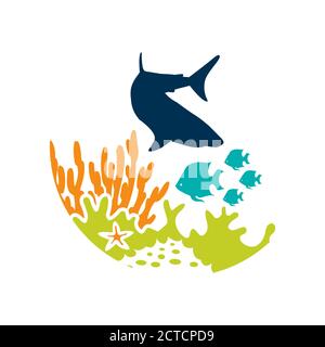 Meereslandschaft Meeresalgen und tropische Fische Unterwasserleben Symbol Zeichen Für Ozeanarium oder Aquarium Stock Vektor