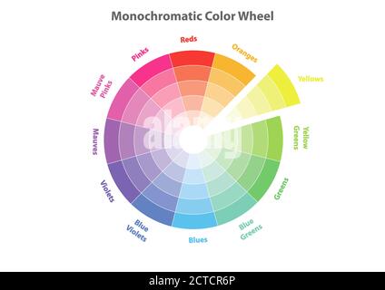 Monochromatisches Farbrad, Farbschementheorie, gelobte Farbe in Evidenz, Vektor isoliert oder weißer Hintergrund Stock Vektor