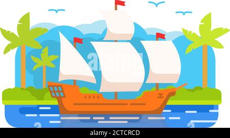 Segelschiff. Sommerlandschaft am Meer. Die tropische Insel mit Palmen. Stock Vektor