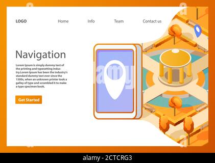 Isometrische Karte mobile GPS-Navigation. Öffentlicher Herbst Park Navigator Pin rote Farbe.Landing Page template.Web-Seite. Stock Vektor