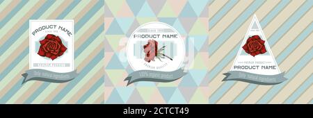 Drei farbige Etiketten mit Darstellung von Rosen Stock Vektor