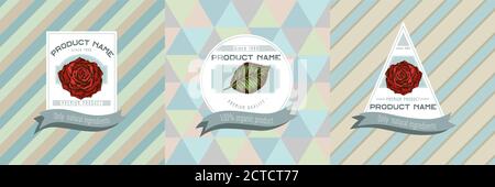Drei farbige Etiketten mit Darstellung von Rosen Stock Vektor