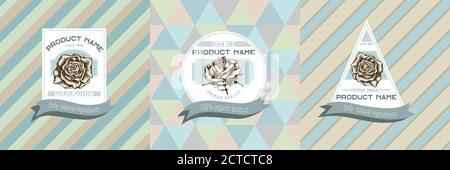 Drei farbige Etiketten mit Darstellung von Rosen Stock Vektor