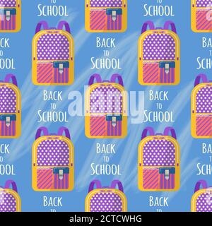 Nahtloses Muster mit Rucksack für Schulbedarf. Vektor Zurück zur Schule Hintergrund, Tasche mit Papeterie. Bürozubehör. Stock Vektor