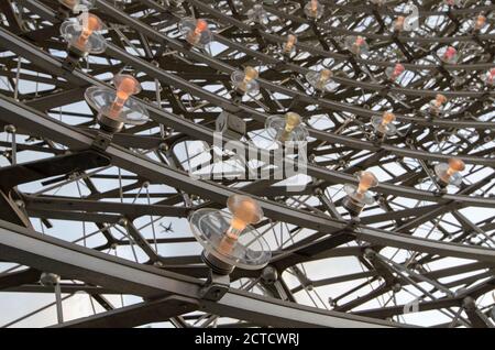 The Hive, eine hoch aufragende Maschenstruktur in Kew Gardens, die einen echten Bienenstock darstellt, einen ineinandergreifenden Rahmen. Inneneinrichtung und Beleuchtung. Stockfoto