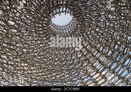 The Hive, eine hoch aufragende Maschenstruktur in Kew Gardens, die einen echten Bienenstock darstellt, einen ineinandergreifenden Rahmen. Inneneinrichtung und Blick nach oben Stockfoto