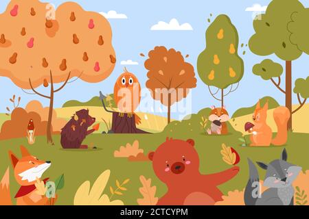 Tiere im Herbstwald. Cartoon flach lustig animalistischen Charaktere genießen Herbst Zeit zusammen, niedlichen Wald wild Natur Landschaft Hintergrund Stock Vektor