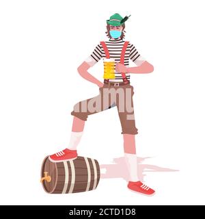 Mann in medizinische Maske hält Bierkrug Oktoberfest Party Feier Coronavirus Quarantäne Konzept Kerl in deutscher traditioneller Kleidung voller Länge vektorgrafik Stock Vektor