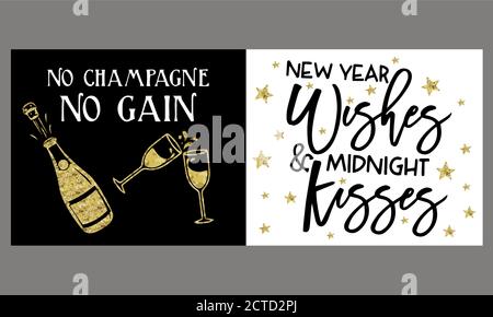Weihnachts- und Neujahrsschilder Set Weißgold Farbe auf schwarzem Hintergrund für Grußkarten, Geschenkanhänger, Embleme, Neujahrsfeier, Produktpromoti Stock Vektor