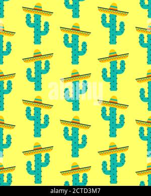 Mexikanischer Hintergrund. Kaktus in Sombrero-Muster nahtlos. vektor-Textur Stock Vektor