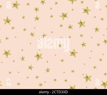 Nahtloses Muster mit goldenen Sternen und Augen auf einem pastellrosa und schwarzen Hintergrund, handgezeichneter überlappender Hintergrund, Hintergrund für Textilverpackung Stock Vektor