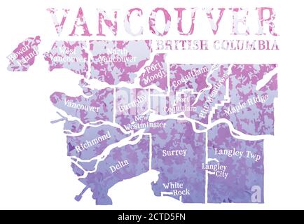 Stilisierte Karte von Greater Vancouver, Kanada, British Columbia. Dekorative Schrift für die Gemeinden. Aquarell-Textur in einem rosa bis violetten Farbverlauf. Stock Vektor