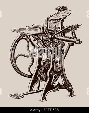 Antike Fuß-Tredle Druckmaschine in drei Viertel Ansicht, isoliert auf einem hellbraunen Hintergrund Stock Vektor