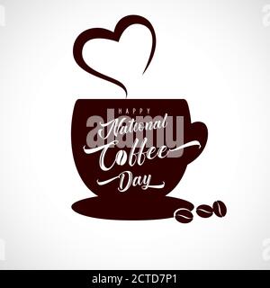 Vektor-Illustration von Happy International oder National Coffee Day mit Handschriftzug. Espresso Kaffeetasse mit Aroma Herz für Grußkarte, Poster Stock Vektor