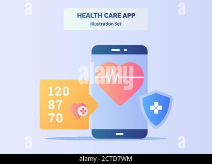 Health Care App Konzept Herzschlag auf Smartphone-Bildschirm Schild Schutz mit flachen Cartoon-Stil Stock Vektor