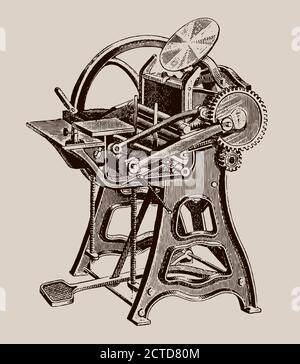 Vintage Fuß-Tredle Druckmaschine in drei Viertel Ansicht, isoliert auf einem hellbraunen Hintergrund Stock Vektor