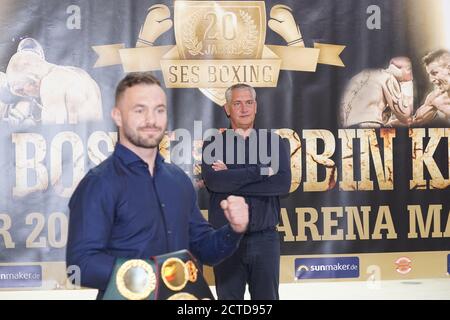 Dominic Bösel bei der Pressekonferenz Deutsche Meisterschaft im Schwestegewicht in Der Veranstaltungsstätte Johanniskirche in Magdeburg,22.9.2020 Stockfoto