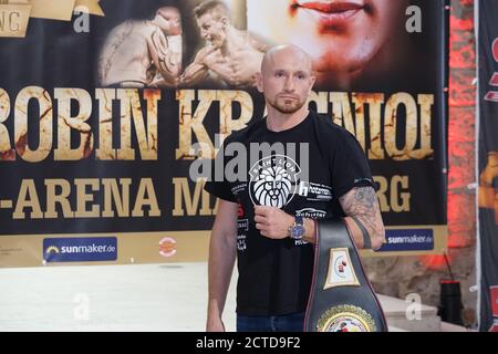 Roman Gorst bei der Pressekonferenz Deutsche Meisterschaft im Schwestegewicht in Der Veranstaltungsstätte Johanniskirche in Magdeburg,22.9.2020 Stockfoto