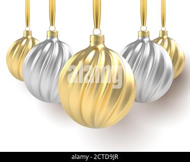 2021 Frohes neues Jahr. Weihnachtsbaum Spielzeug aus Silber und Gold, Spiralkugeln in weißem Hintergrund. Vektorgrafik Stock Vektor